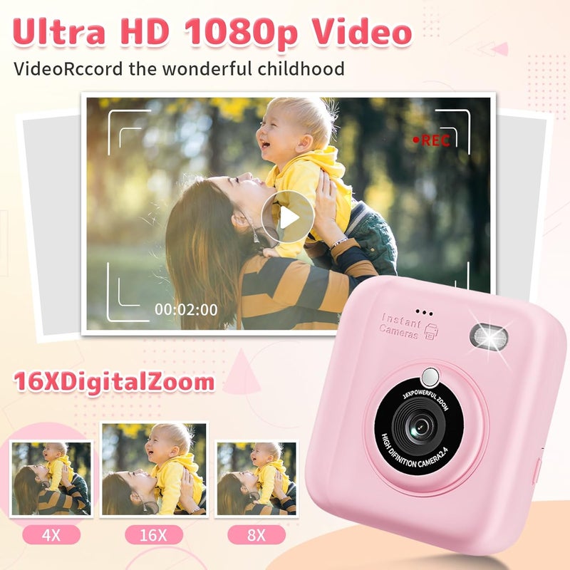 Yusuuo Instant Print Camera for Kids, Christmas Birthday Gifts for Girls Boys, 1080P Instant Digital Print Cameras for Toddler,Portable Toy for 4 5 6 7 8 9 10 Year Old Girl with 32GB SD Card，Pink - Image 4